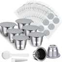 Didaey Reusable Espresso Capsules Stainless Steel Refillable Coffee Pods Reusable Espresso Pods with Aluminum Foil Seals Stickers Lids Compatible with Nespresso Machines (6 Cups, 204 Lids)
