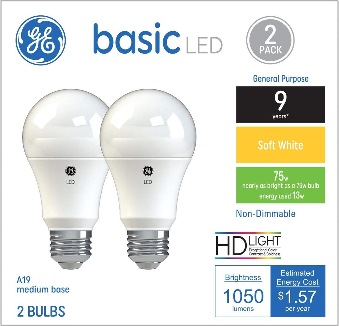 GE Basic LED Light Bulbs, 75 Watt, Soft White, A19 (2 Pack)