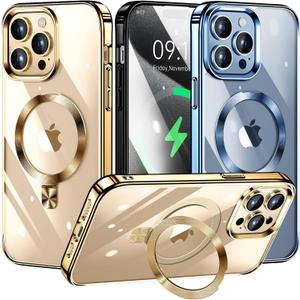 [CD Ring Compatible with MagSafe Invisible Stand] Magnetic for iPhone 15 Pro Case, [Electroplated Bumper Non-Yellowing][Look as Bare iPhone] Slim Clear Case with Holder for Women Men Girls (Gold)