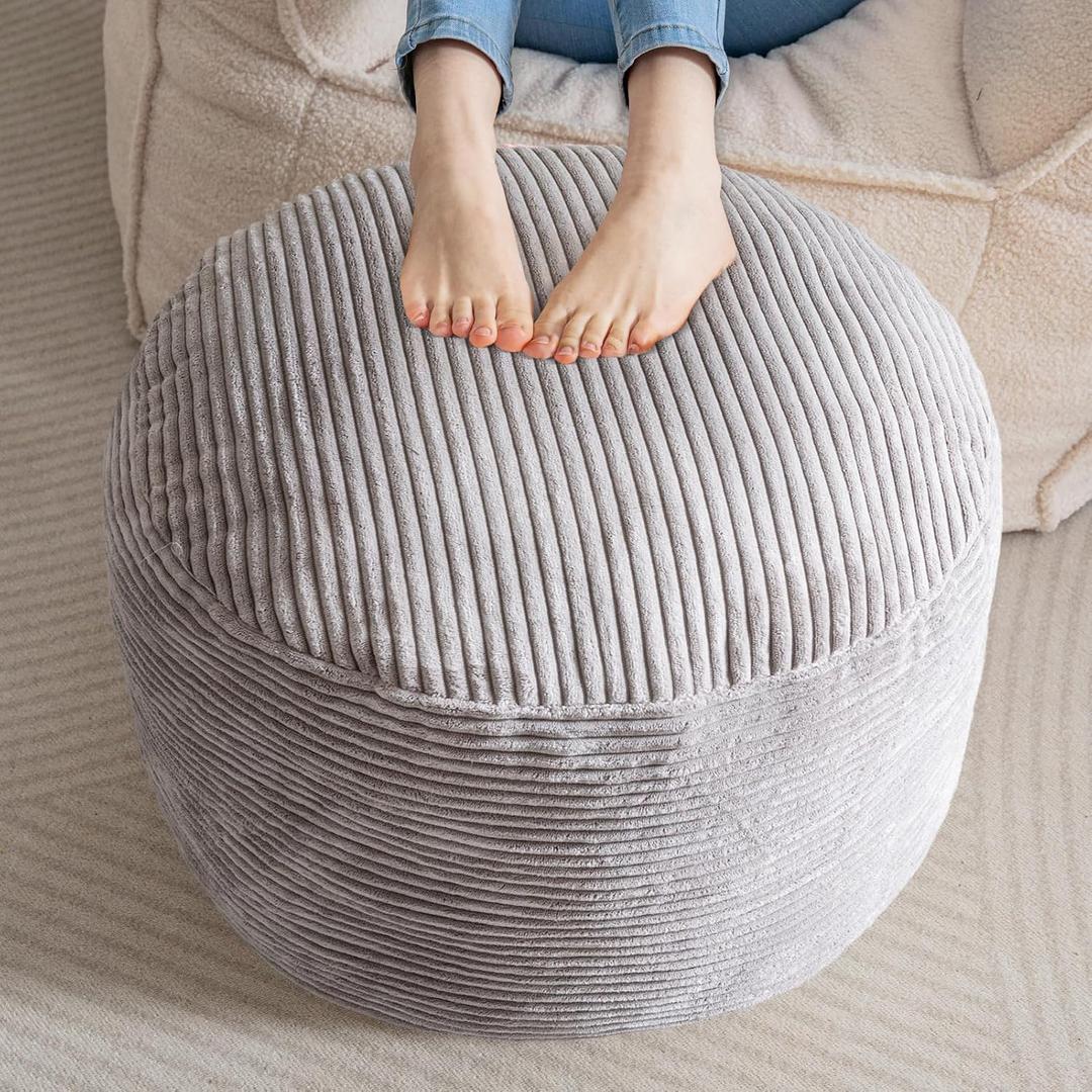 Round Stuffed Pouf Ottoman, Corduroy Poufs with Foam Chunk Filling, Furry and Fluffy Pouf Foot Stool Storage Ottomann Floor Poufs Foot Rest for Living Room, Grey, 24 x 17 in