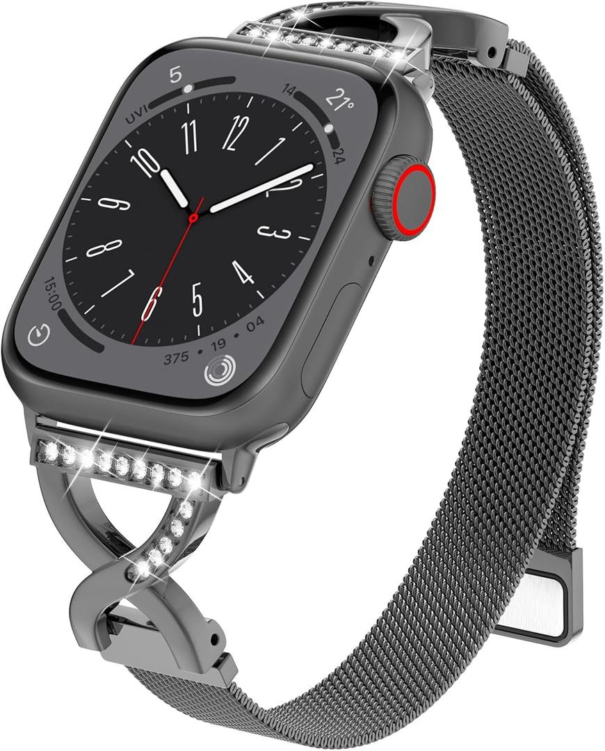BRG Thin Mesh Loop Compatible with Apple Watch Bands for Women 44mm 45mm 46mm Series 11 10 9 8 7 6 5 4 3 2 1 SE, Metal Magnetic Stainless Steel Strap with X-Shape Diamond Clasp for iWatch Bands (Black)