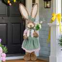 DR.DUDU Easter Bunny Decor, 2.7 FT Large Sisal Rabbit Outdoor Decorations with Flowers for Porch, Tall Standing Easter Bunnies Statue Topiary for Home Indoor Farmhouse Spring Decor