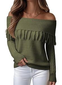 EVALESS Fall Sweater for Women Trendy 2025 Lightweight Sexy Off The Shoulder Knitted Pullover Tops Jungle Green M