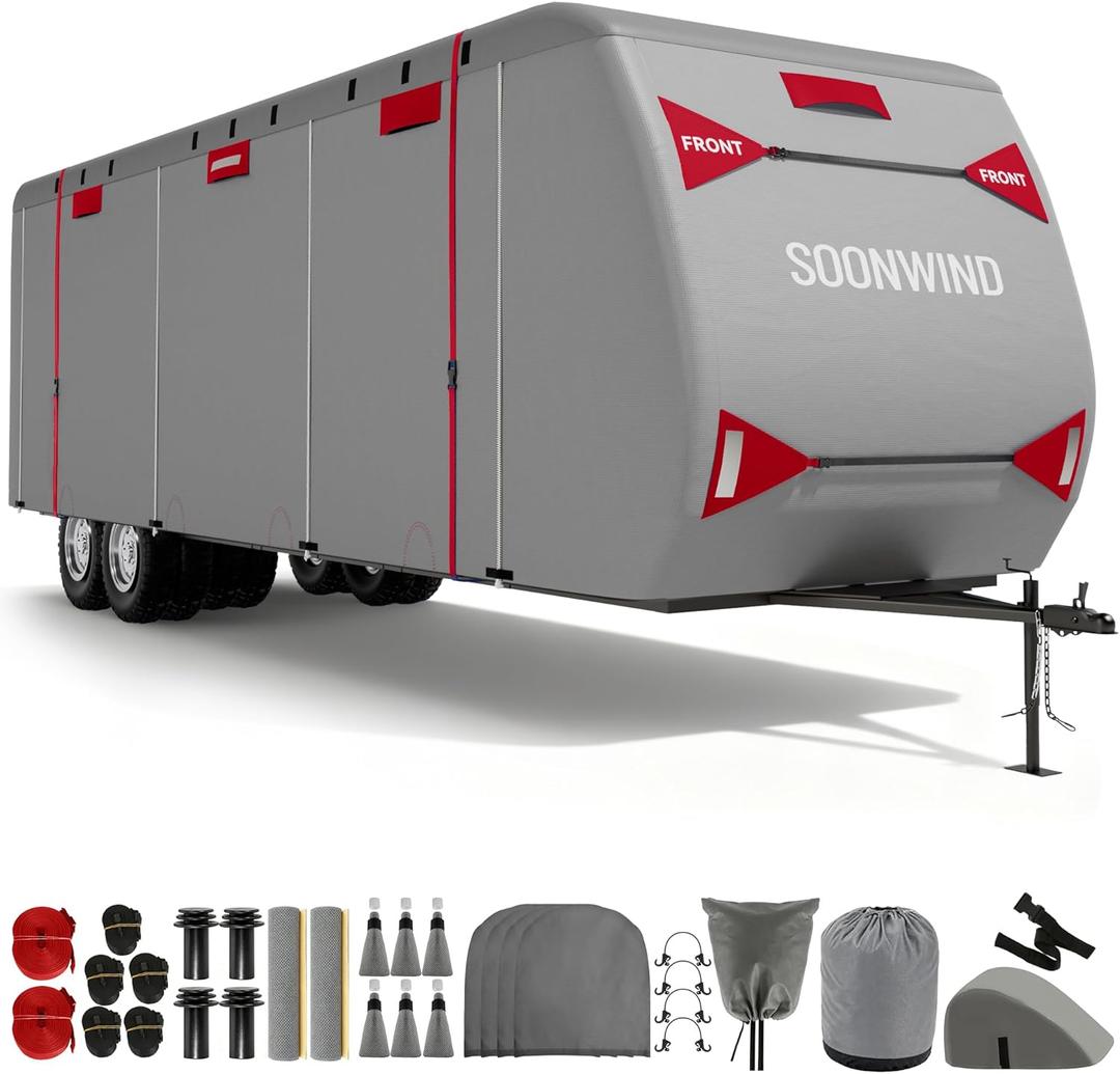 Heavy Duty 7 Layers RV Cover, Camper Cover & Travel Trailer Cover 27-30ft, Waterproof Windproof All-Weather Protection with Tongue Jack Cover, Gutter Covers & Reinforced Straps - Red