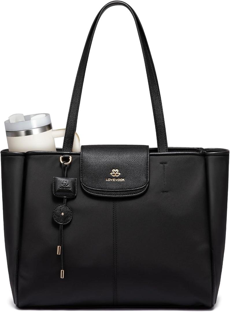 LOVEVOOK Laptop Tote Bag for Women,Nylon Work Totes with 15.6 Inch Laptop Compartments, Lightweight Fashion Purse with Large Cup Holder,Travel Tote with Luggage Straps (Black)