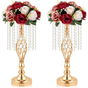 Kehail 2 Pcs Gold Metal Crystal Pendant Flower Stand, 19" Wedding Tall Vase, Metal Hollow for Wedding Banquet Event Anniversary Celebration Decoration