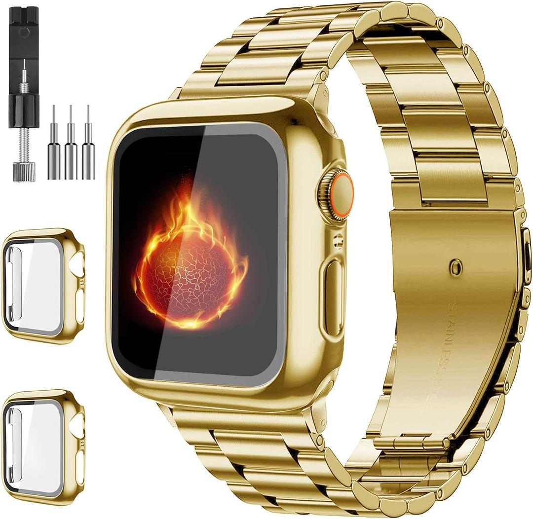 Bekomo Compatible with Apple Watch Band 49mm 46mm 44mm 45mm 42mm 40mm 38mm 41mm, Stainless Steel iWatch Bands with 2 Pack Tempered Glass Case for Series 11/10/9/Ultra 3 2/8/7/6/5/4/3/2/1/SE for Men