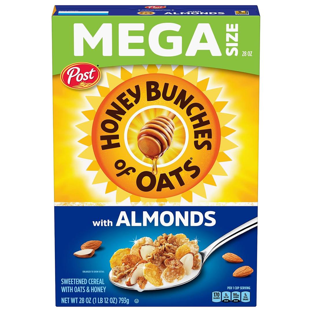 Honey Bunches of Oats with Almonds Breakfast Cereal, Honey Almond Cereal with Oats and Granola Cluster, Whole Grain Breakfast Cereal, 28 oz Mega Size Box, Expiry: 04/15/27