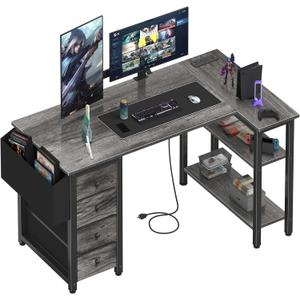 Lufeiya L Shaped Computer Desk with Drawers & Storage Shelves, 47 Inch Small Corner Desk with Power Outlet for Home Office Bedroom, L-Shaped Gaming PC Desks with Fabric Drawer, Gray, 47.2"