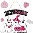 2 x Kigley Pink Halloween Front Door Decoration Hey Boo Ghost Wooden Sign, 15.35 x 12.60 inches