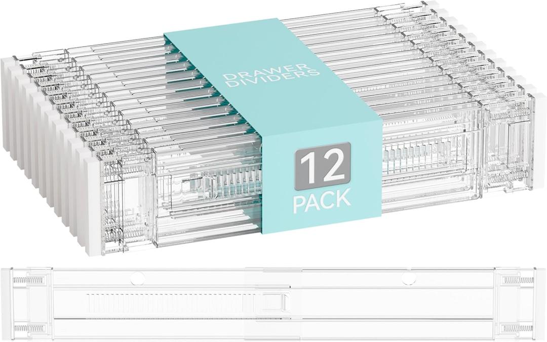Yieach 12Pack 3.2 Inch Shallow Acrylic Drawer Dividers for Clothes -Expandable from 15-21''- Adjustable Drawer Dividers for Baby Clothing, Sock, Underwear, Clear in Drawer Separators for Dresser, Kitchen