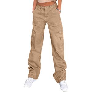 Lepunuo Cargo Pants for Women High Waisted Casual Pants Baggy Stretchy Wide Leg Y2K Streetwear with 6 Pockets (Small, Khaki)