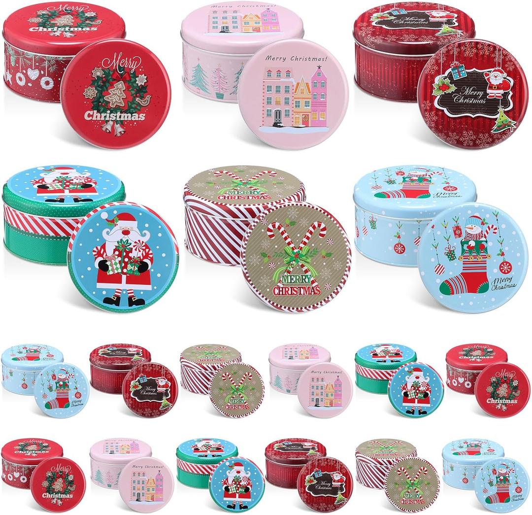 LemonRoad 18 Pack 5.2 Inch Round Christmas Cookie Tins with Lids for Gift Giving Holiday Treats, Metal Empty Candy Tin Containers, Small Xmas Cookie Jar for Baking Party Favors(Classic Style)