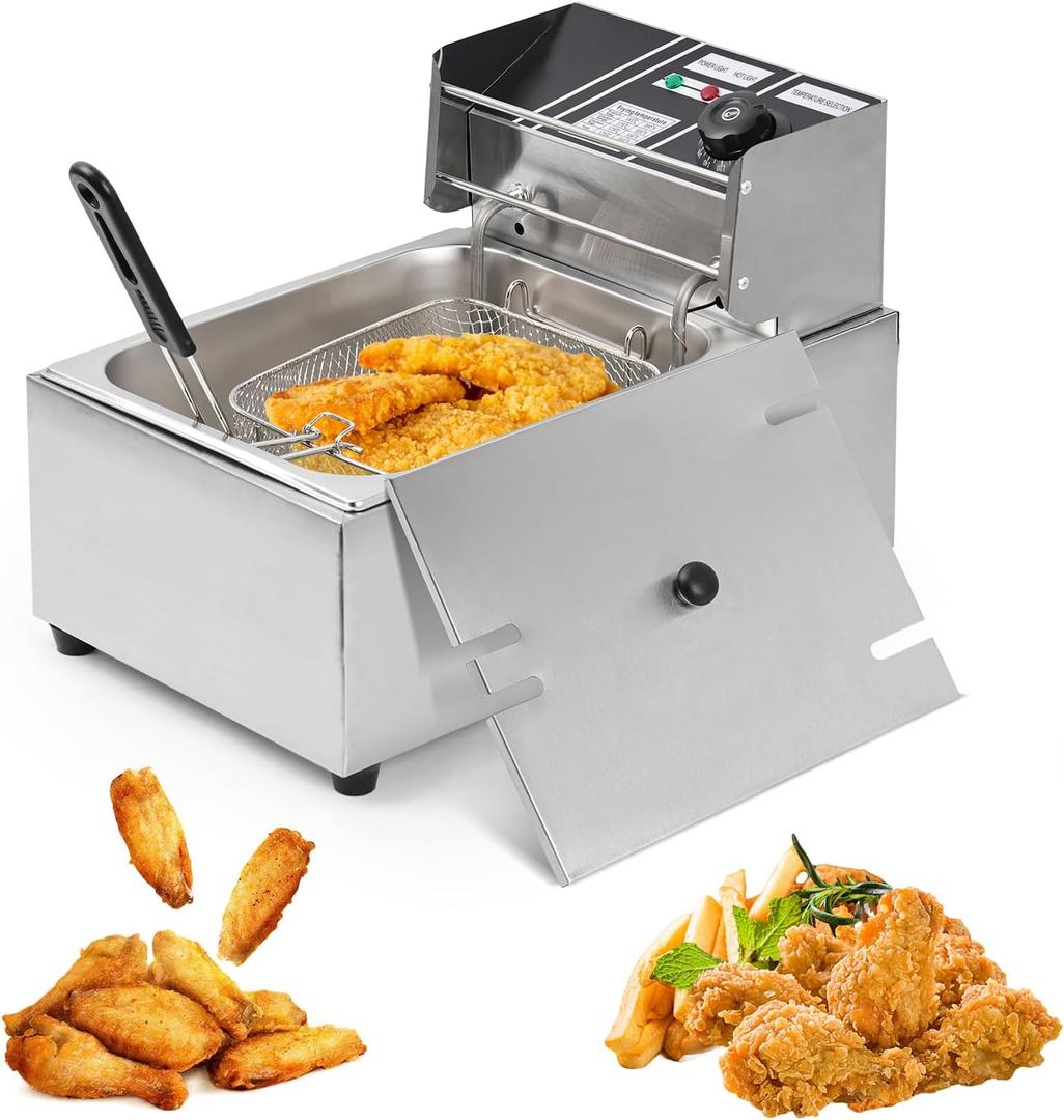 Electric Deep Fryer  6L Large Capacity Deep Fryer with Detachable Basket, Adjustable Temperature Control, 1600W Stainless Steel Commercial Fryer for Restaurant & Home  Perfect for Chicken, Fries