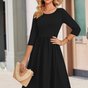 Zeagoo 3/4 Sleeve Women's Dress Casual Flowy A-Line Midi Tshirt Dresses with Pockets Crewneck Vocation Boho Beach Sundress, Small