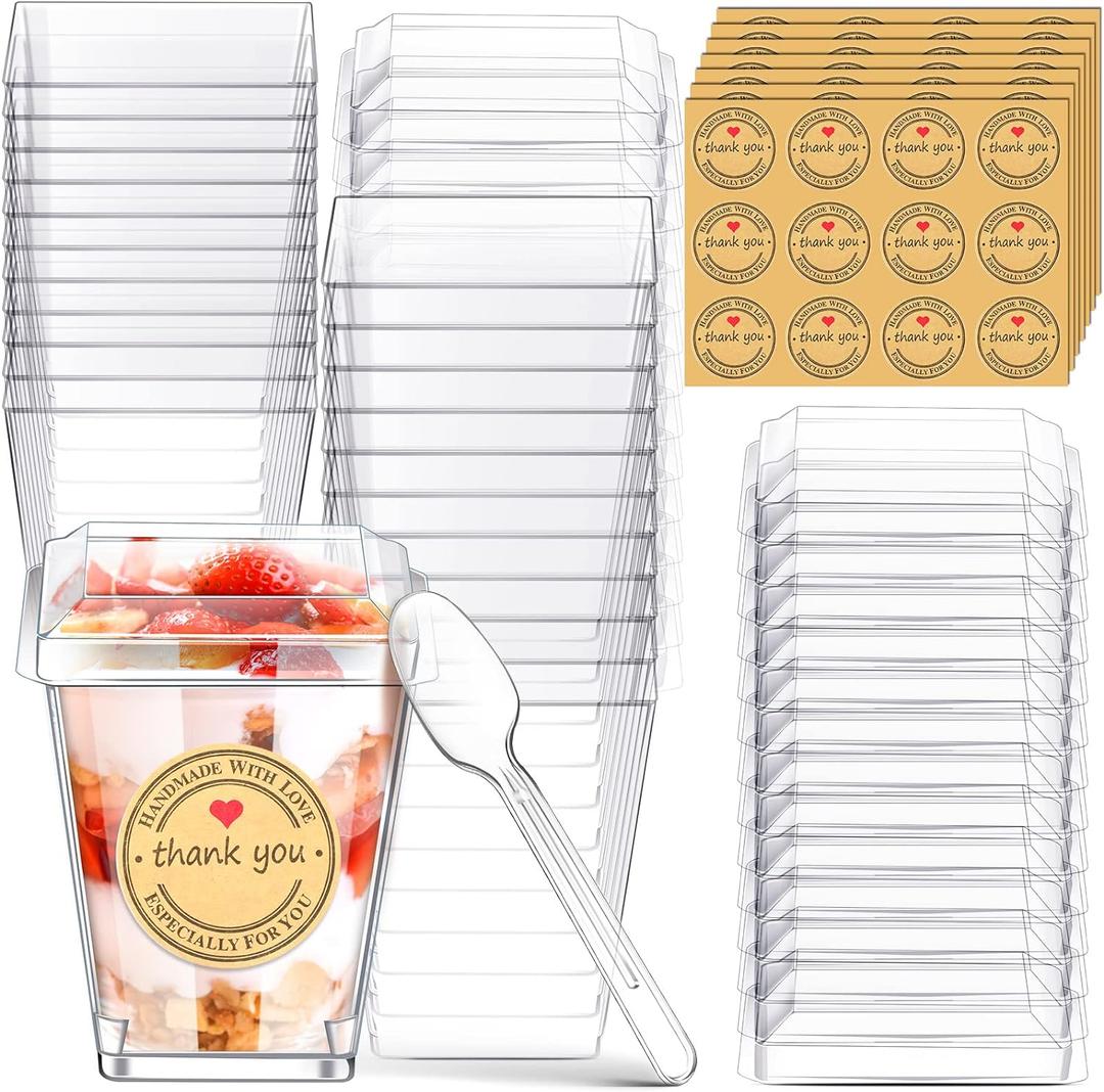 Sieral 50 Pack 5 oz Plastic Dessert Cups with Lids, Parfait Cups Appetizer Cup Mini Clear Party Dessert Cups with Spoons Sheets Stickers for Pudding Square Dessert Cups Small Shooter Cups for Fruit