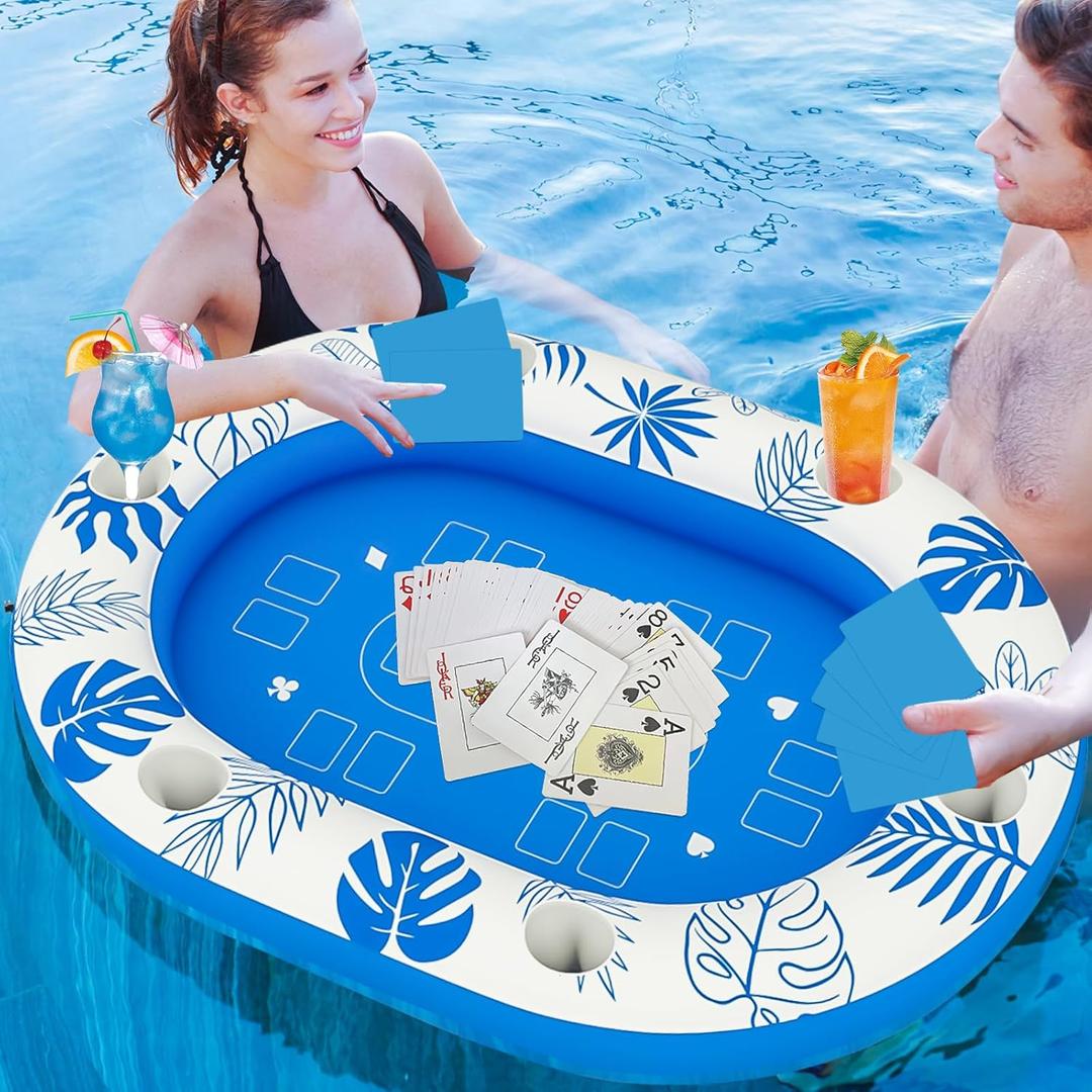56IN Extra Large Floating Table for Pool,Inflatable Pool Games for Adults with Waterproof Playing Cards, Pool Accessories Inflatable Food Drink Holder for Summer Party Indoor Outdoor Beach Pool