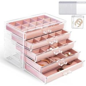 KAMIER Earring Jewelry Organizer with 20 Pcs Portable Jewelry Bag, Clear Acrylic Jewelry Organizer Box for Women with 5 Drawers for Earrings Ring Bracelet Necklace