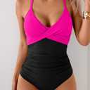 B2prity Women's One Piece Swimsuits Tummy Control Front Cross Bathing Suits Tie Back Slimming V Neck Swimwear, Size L
