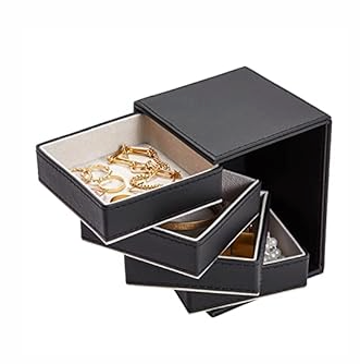 Juvale 4-Layer Rotating Jewelry Organizer - Velvet-Lined Ring Box & Necklace Holder - Earring Organizer & Bracelet Holder - Portable Travel Jewelry Box - Black, 4 x 4 x 5.25 in