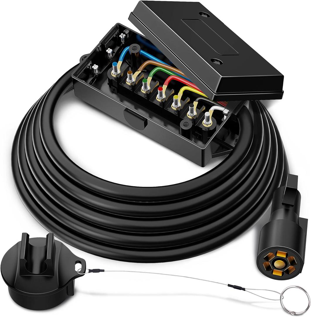 MICTUNING Heavy Duty 7 Way Plug Inline Trailer Cord with 7 Gang Junction Box 8 Feet, Weatherproof