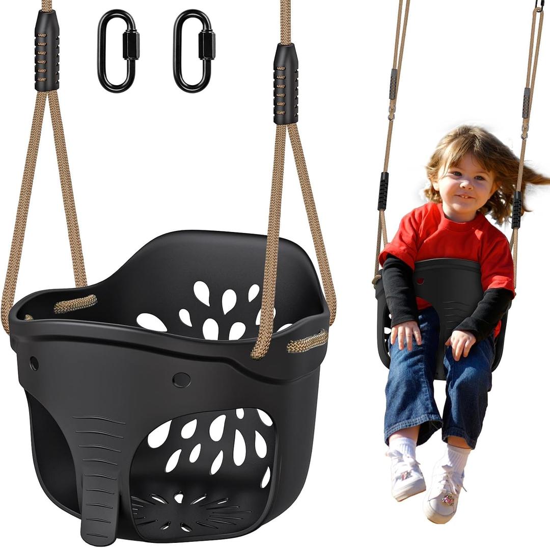 Heavy Duty High Back Full Bucket Toddler Swing Seat, Toddler Bucket Swing with Locking Carabiners & Adjustable Rope, Cute Elephant Shape Design for Outdoor Playset, 600LB (Black)