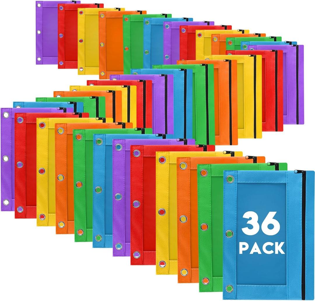 Pencil Pouch for 3 Ring Binder, 36 Pack Bulk Pencil Bags with Zipper, 6 Colored Pencil Case for Classroom School Office Supplies, Large Sturdy and Durable Cloth Pencil Pocket for 3 Holder Binder, 9.8 inches x 7.1 inches