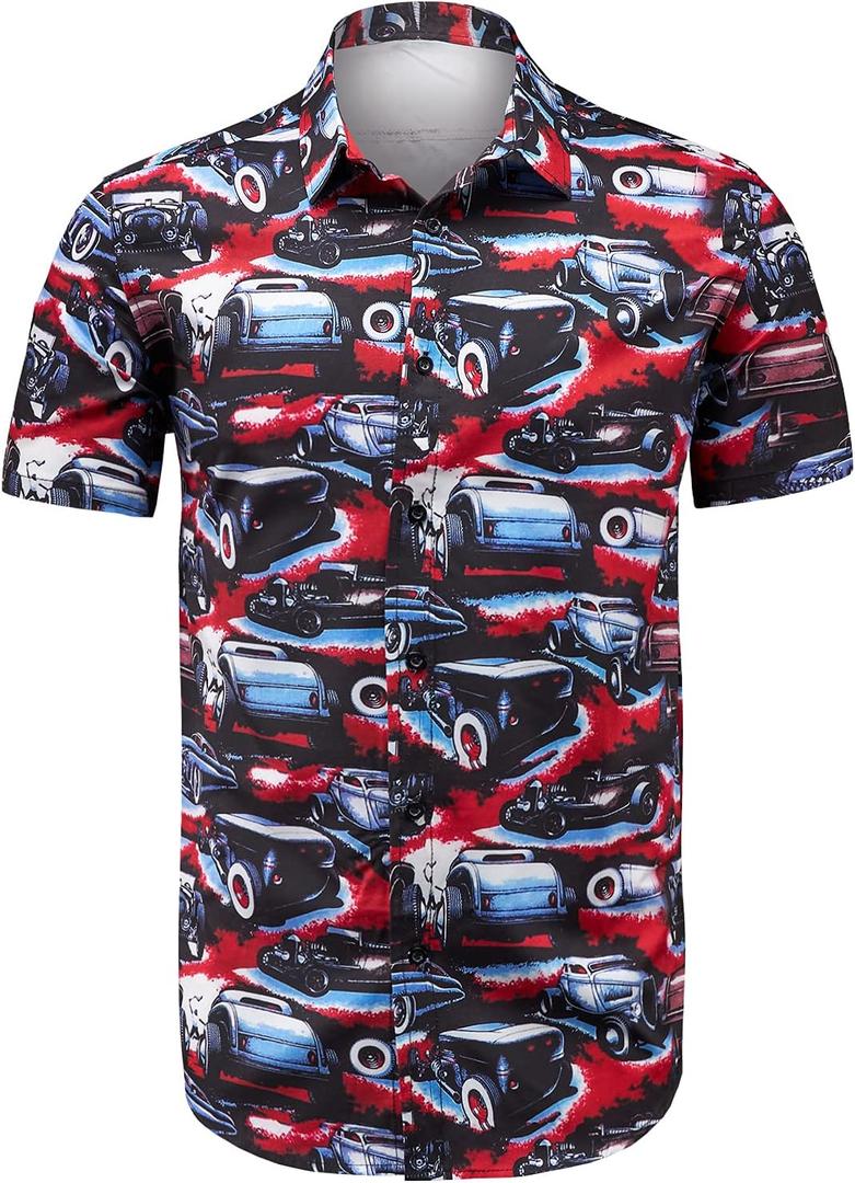 Men's Food Cars Print Shirts Hawaiian Short Sleeve Casual Tropical Funky Button Down Shirt (L)
