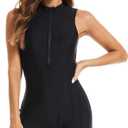 Micosuza Women's One Piece Boyleg Rash Guard Swimsuit Sleeveless Half Zipper Surfing Swimwear (Black, S)