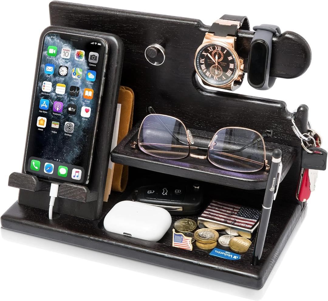TESLYAR Wood Phone Docking Station for Men - Desk or Nightstand Organizer - Birthday Gifts for Husband, Dad - Anniversary Idea from Wife - Key Holder, Stand Wallet, Watch & Essentials (Granite Black)