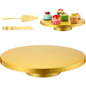 Wenqik 14 Inch Metal Gold Cake Stand with Cake Knife and Spatula, Round Dessert Table Display Stand Metal Dessert Tray Serving Platter for Party, Wedding, Birthday, Baby Shower, Anniversary