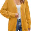 QUALFORT Women’s 100% Cotton Knit Cardigan Sweater – Oversized Fit, Button-Down Open Front, with Pockets, Large