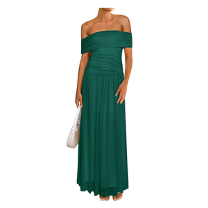 Women Off The Shoulder Mesh Maxi Dress Bodycon Ruched Formal Sleeveless Pleated Cocktail Wedding Guest Long Dresses, Size Small