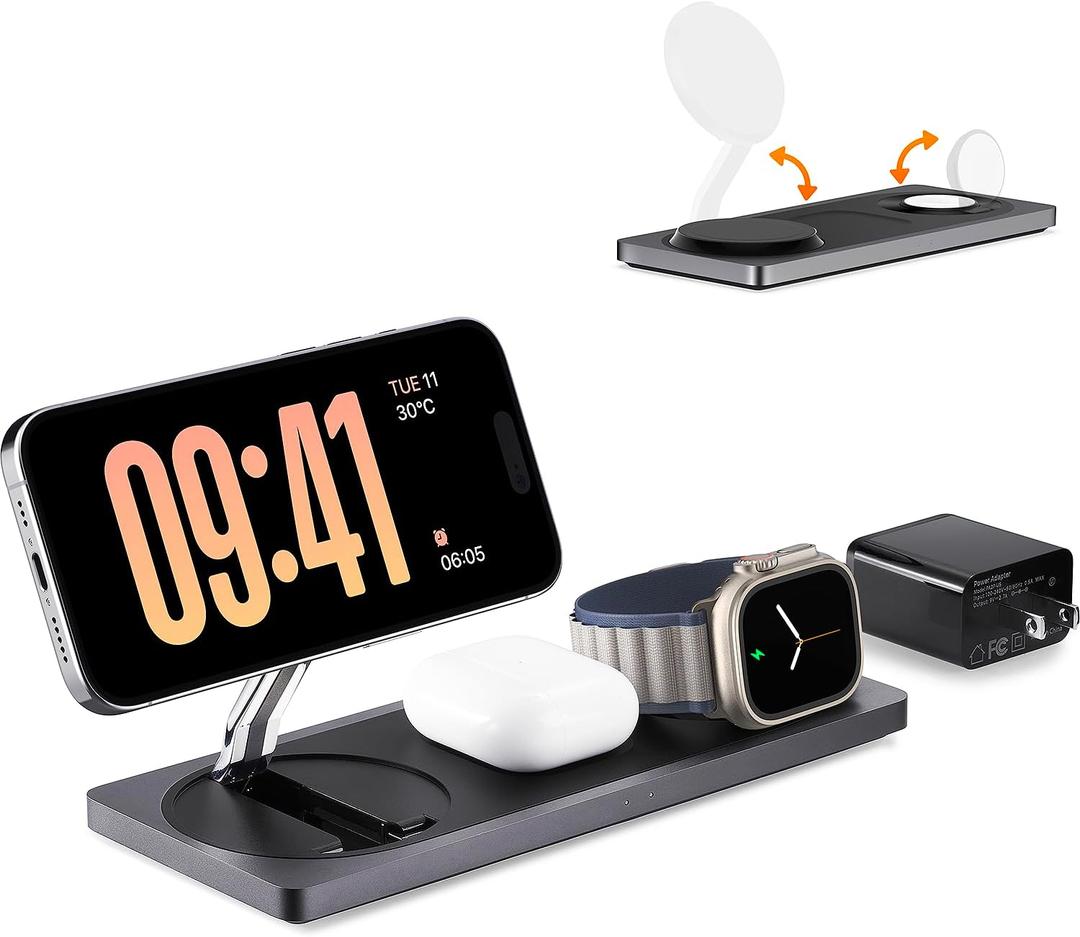3 in 1 Charging Station for Apple Devices: Used for iPhone and Watch Charging Station with Magsafe Charger Stand, Wireless Charger for iPhone 16/15/14/13/12, Apple Watch 1-9/Ultra, AirPods 3 Pro (Black)