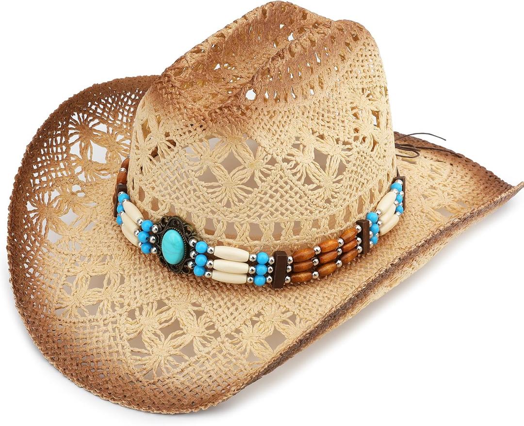 Straw Cowboy Hat, Western Cowgirl Hat, Wide Brim Sun Beach Hat for Men and Women (Brown)