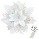 GREENTIME 12 Pcs Glitter Poinsettia 5.5" Artificial Flowers Christmas with Clips Stems Xmas Tree Ornaments for New Year Party Stairs Fireplace Porch Balcony Garden Church Wreath Decoration (White)