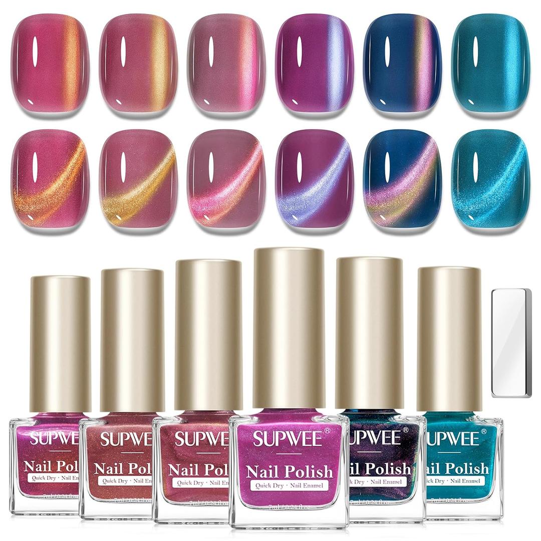 Quick Dry Cat Eye Nail Polish Set, Magnetic Nail Polish Non Gel, Air Fast Dry Cateye Nail Lacquer with Magnet High Glossy DIY Salon for Women Girl