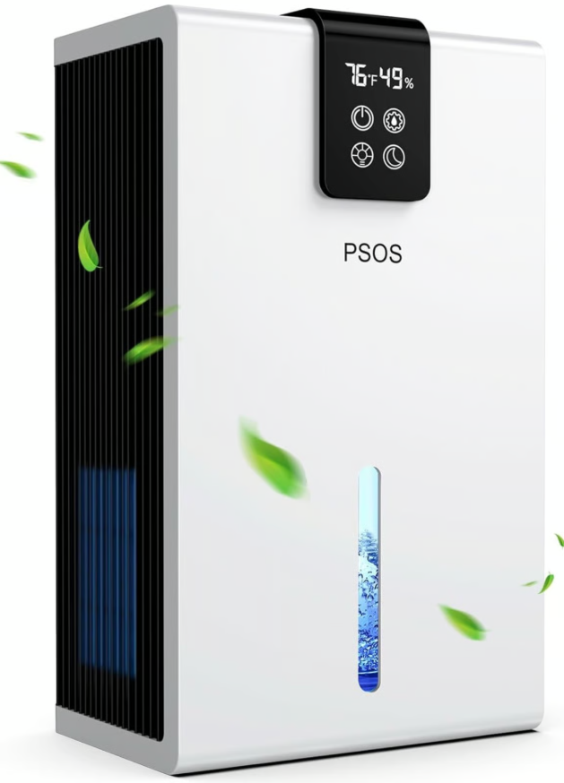 PSOS Dehumidifier, Dehumidifier for Home, 120 OZ Water Tank, 1000 sq.ft Dehumidifiers for Bathroom, Bedroom, Basement with Auto Shut Off, Humidity Monitoring, 7 Colors LED Light, White, PS-015G