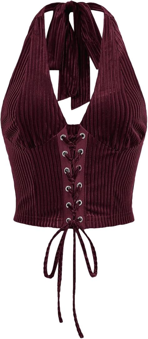 Verdusa Women's Going Out Halter Corset Tops Sleeveless Lace Up Open Back Crop Top (Large, Maroon)