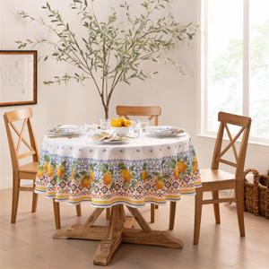 Elrene Home Fashions Capri Lemon Double-Bordered Mediterranean Spring/Summer Fabric Tablecloth, Round, 70 inches X 70 inches
