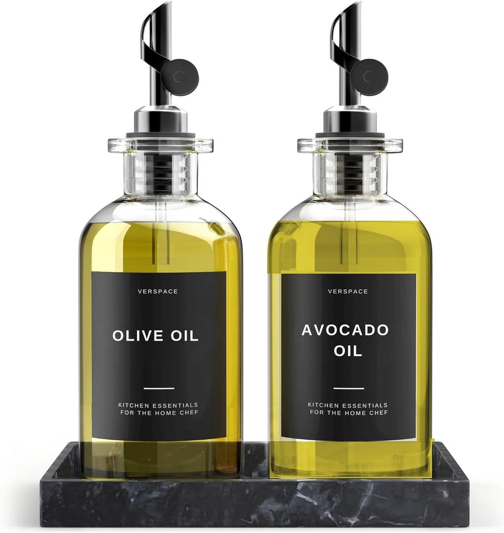 Olive Oil Dispenser Set With Silicone Tray & 40 Labels - 2 Black Bottles (500ml / 17oz) for Kitchen, Soy Sauce, Coffee Syrup (17oz / 500ml(Set of 2), Black + Black Tray)
