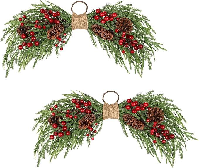 2PCS Artificial Christmas Swags with Norfolk Pine, Red Berries and Pinecones, 24" Christmas Thanksgiving Decorations for Front Door, Mantel, Staircase, Window, Xmas Décor