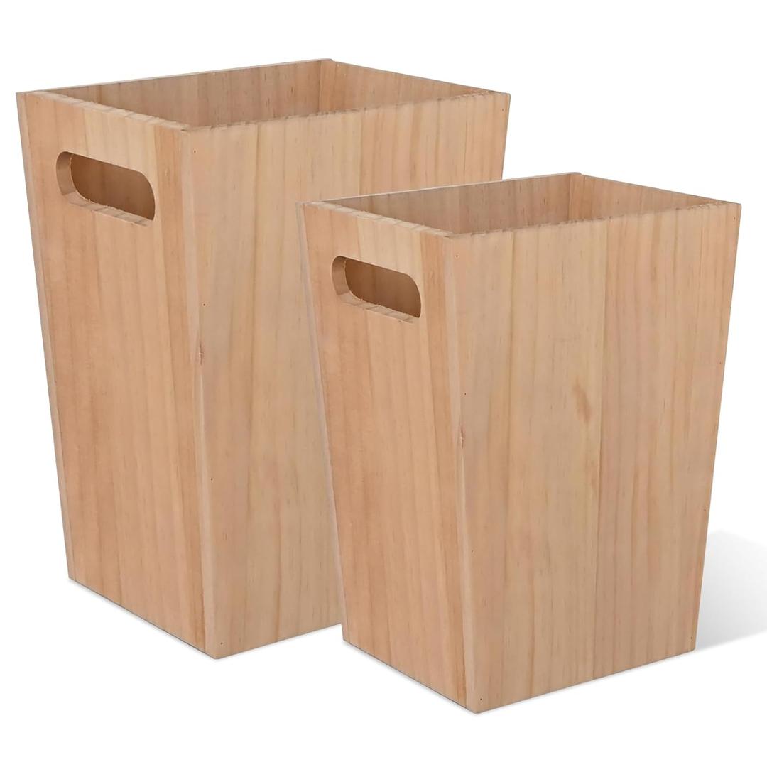 2 Pack 1.5/2.5 Gallons Wood Trash Can Set Rustic Style Wastebasket with Handles Farmhouse Rectangular Garbage Can Waste Basket Small Trash Bin for Bedroom, Bathroom, Kitchen, Office-Wood