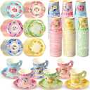Nuogo 300Pcs Floral Paper Tea Cups and Saucers 7 OZ Disposable Tea Cup with Handle and Plates for Garden Party Supplies Wedding Birthday Baby Shower Bridal Mother's Day, Serve 150 Guest(Fresh Color)