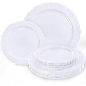 Tinybee 60PCS White Plastic Plates - Heavy Duty White Disposable Plates, Elegant Plastic Plates for Bridal Shower, Wedding and Party Including 30 Dinner Plates 10 '' & 30 Dessert Plates 7.5 ''