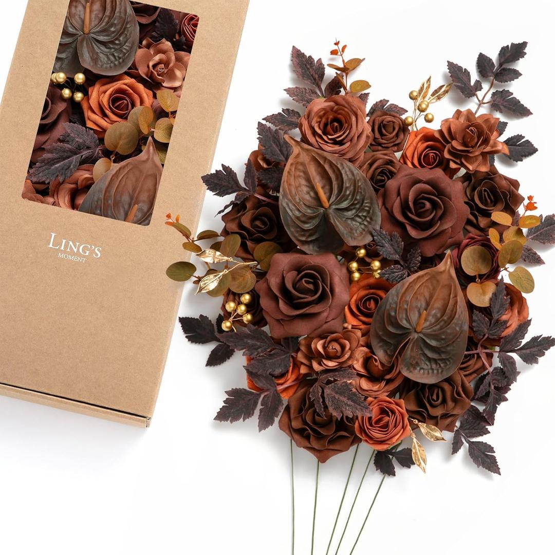 Ling's Moment Fake Flowers Box, Faux Artificial Greenery Stems Foam Roses Gardenia Anthurium Silk Eucalyptus Fabic Flower for Centerpieces Bouquet Wedding Vase, Walnut Brown & Terracotta, Deluxe Combo