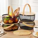 4 Pcs Metal Mesh Fruit Basket with Lid Oval Wire Mesh Storage Basket with Handle 10.2 x 7.7 x 3.9 Inch Stackable Wire Garden Baskets Pantry Organizer for Fruit Vegetable Kitchen, Black