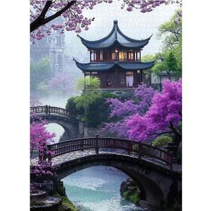 PICKFORU Plum Blossom Dreamscape Puzzles for Adults 1000 Pieces, Vintage Flower Tree Scenery Puzzles, Impossible Unique Lake Park Theme as Home Decor