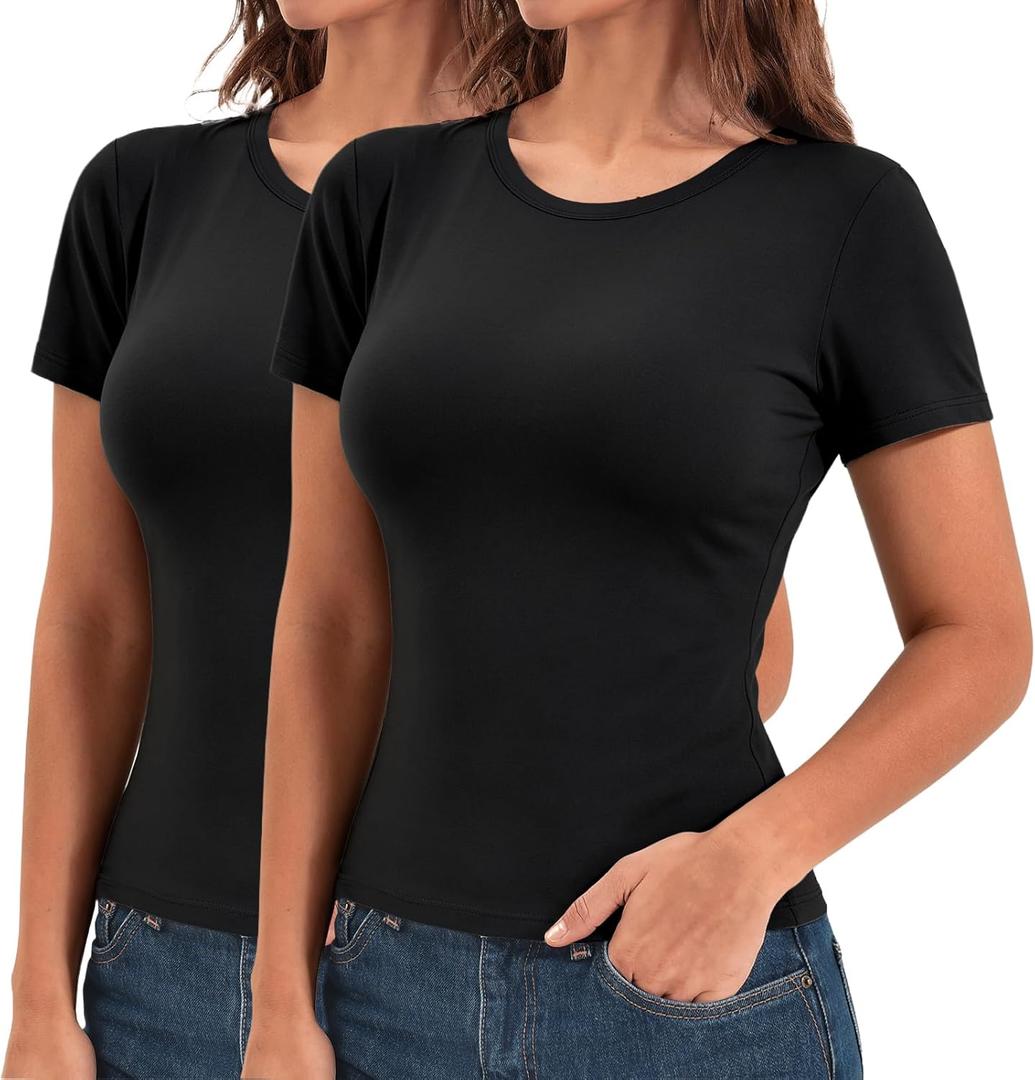 Walifrey Womens Short Sleeve Tops 2 Pack, Slim Fit T-Shirt Casual Basic Summer Top for Women 2026 Fashion Clothes, Large