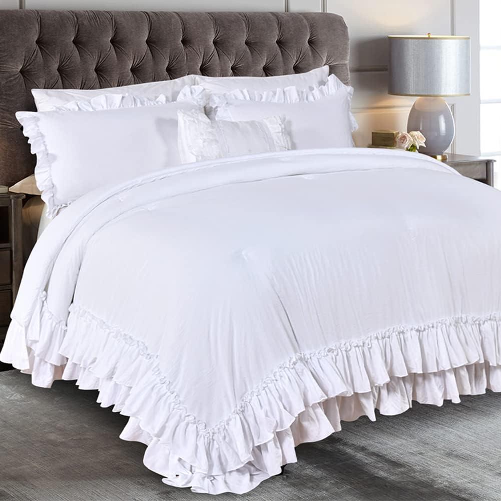 Masaca White Ruffle Comforter Full Size,Farmhouse Shabby Boho Chic Bedding Sets Full,3PCS Vintage Rustic Soft Microfiber Ruffled Bedding Comforter Set